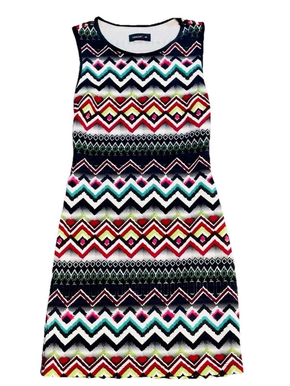 Vintage Y2K TeezeMe Mini Dress Bold Geometric Bodycon Stretch Peephole Back Sm